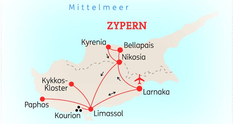 Vereinfachte deutschsprachige Routenkarte von Zypern mit hervorgehobenen Städten und Reiseverlauf.