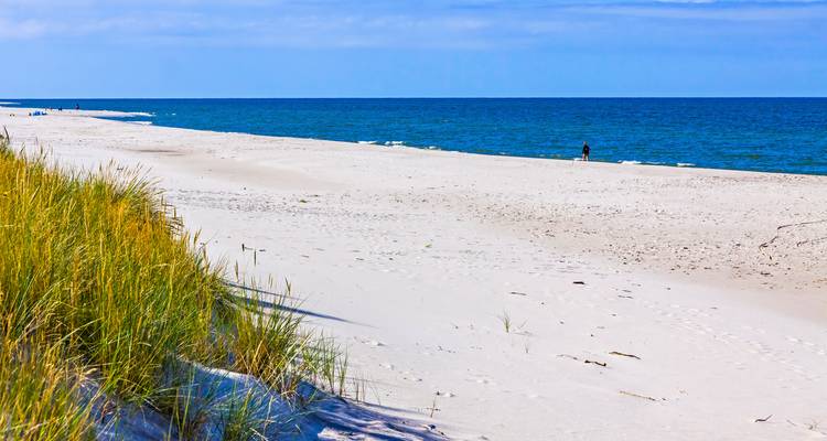Stiller Ostseestrand mit weißem Sand, blauem Meer und bewachsenen Dünen, eine einsame Person geht in der Ferne.