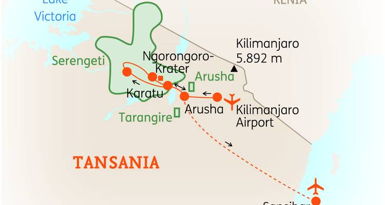 Karte mit Reiserouten in Tansania mit Schwerpunkt auf Parks und wichtigen Standorten.