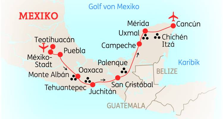 Karte von Mexiko mit einer Reiseroute, die wichtige archäologische und touristische Stätten zeigt.