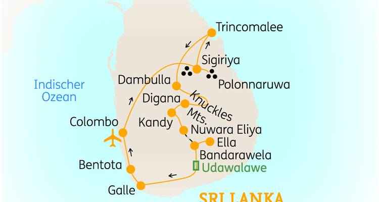 Alternative Reiseroute Sri Lanka - Karte mit Küsten- und Binnenlandstopps