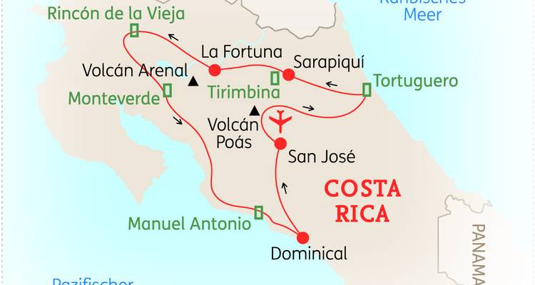 Mapa de ruta ilustrado de Costa Rica mostrando los principales destinos y rutas de viaje