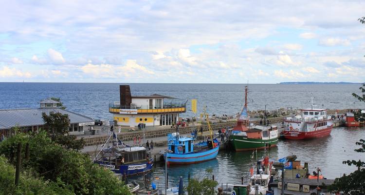 Bunte Fischerboote liegen in einem belebten Hafen vor Anker, mit einem Restaurant mit Blick auf das Meer.