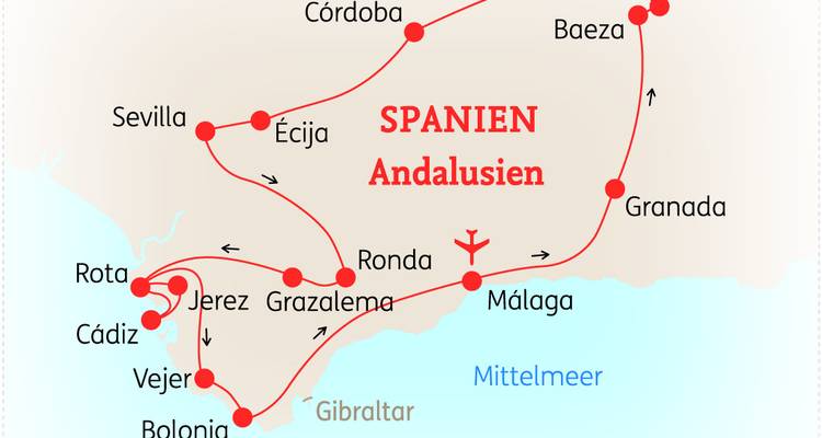 Routenkarte einer Andalusien-Reiseroute in Spanien mit Hervorhebung von Städten wie Sevilla, Granada und Ronda.