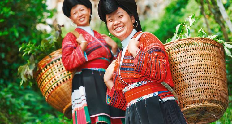 Twee vrouwen in traditionele kledij met manden in een weelderige bosomgeving.