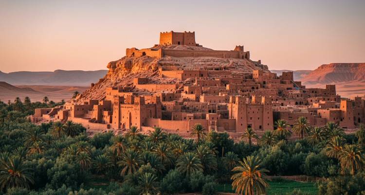 Ksar emblématique en terre d'Aït-Ben-Haddou perché sur une colline, rayonnant sous la douce lumière du coucher de soleil au-dessus de palmiers luxuriants.