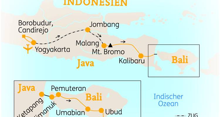 Illustrierte Routenkarte von Java und Bali mit Hervorhebung der wichtigsten Haltestellen und Transportlinien