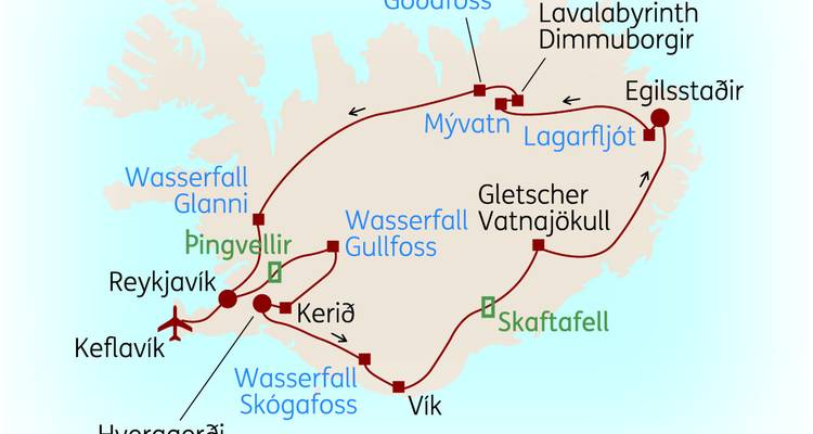 Illustrierte Routenkarte von Island mit Hervorhebung von Wasserfällen, Gletschern und wichtigen Städten.