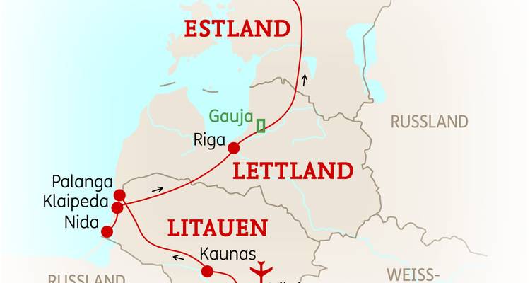 Carte illustrant l'itinéraire de voyage à travers l'Estonie, la Lettonie et la Lituanie avec les villes mises en évidence et les flèches.
