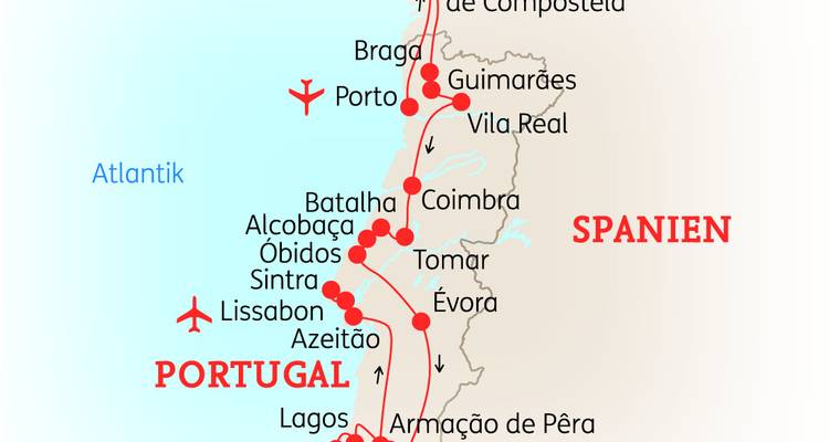 Vereinfachte Routenkarte von Portugal und Nordwestspanien mit hervorgehobenen Großstädten und Reiseroute.
