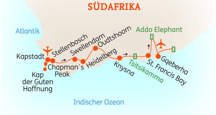 Karte der Garden Route in Südafrika mit Hervorhebung von Kapstadt bis zum Addo-Elefantenpark