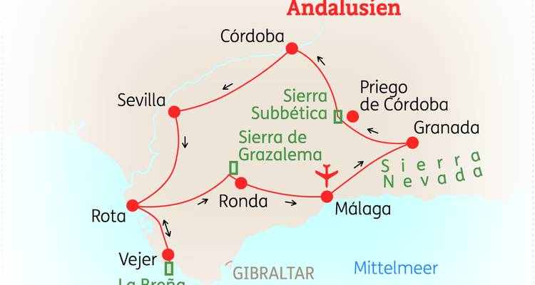 Carte illustrée montrant un itinéraire de voyage en Andalousie passant par Cordoue, Séville, Ronda et Málaga.