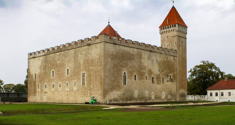 Grand château médiéval avec des tours en briques rouges.