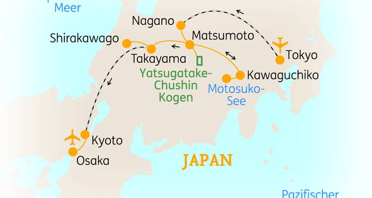 Mapa simplificado que muestra una ruta de viaje por el centro de Japón con ciudades e iconos de vuelos.