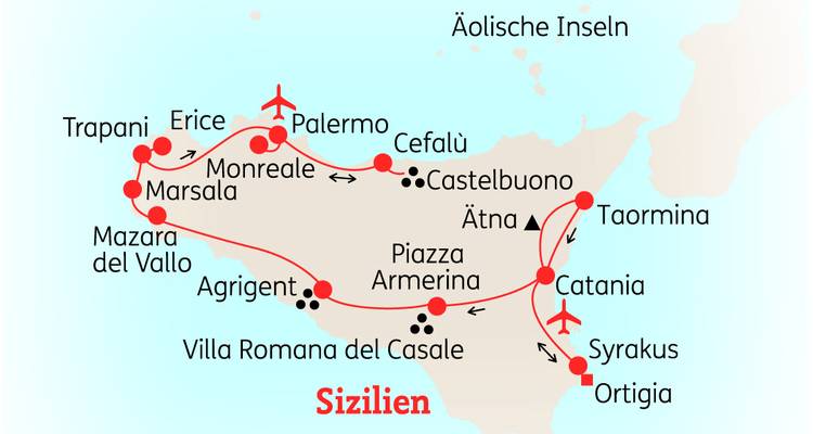 Carte détaillant un itinéraire de visite à travers la Sicile avec points d'intérêt.