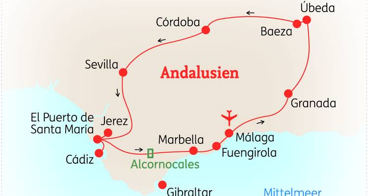 Karte mit hervorgehobener Tour durch Südspanien mit wichtigen Städten.