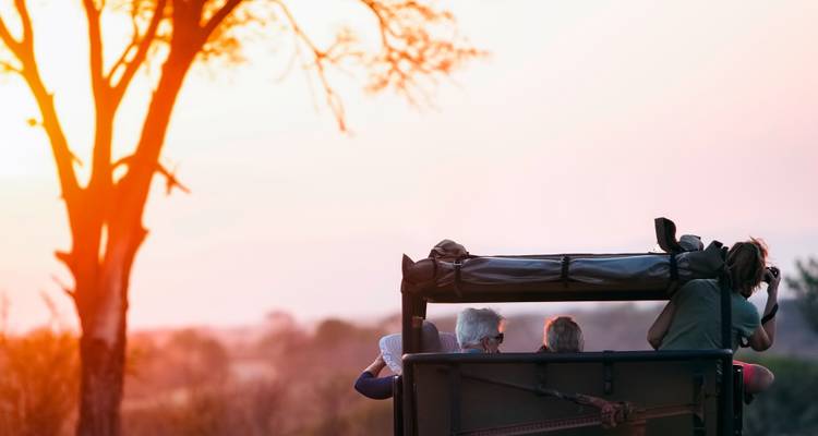 Groep mensen in een safarevoertuig die wildlife observeren bij zonsondergang.