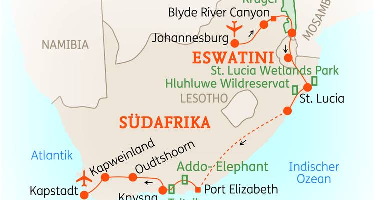 Kaart van zuidelijk Afrika met routes en steden.