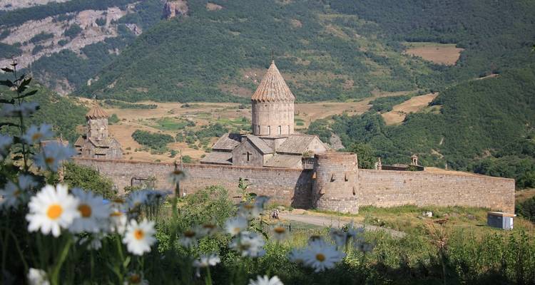 Ein mittelalterliches Kloster, umgeben von Bergen und Wildblumen.