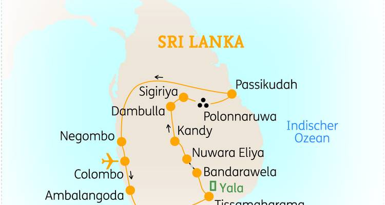 Karte von Sri Lanka mit eingezeichneter Rundreiseroute und beschrifteten Hauptzielen