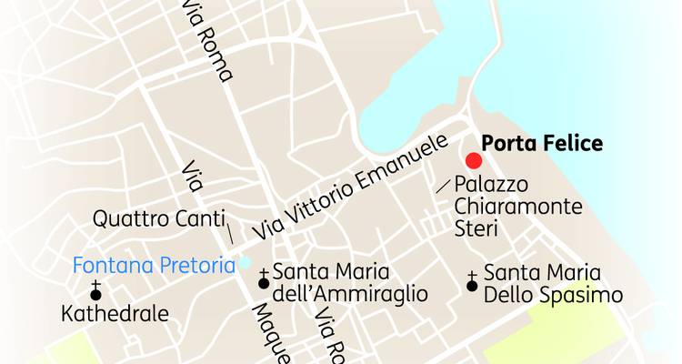 Vereinfachte Straßenkarte der Innenstadt von Palermo mit Hervorhebung der wichtigsten Sehenswürdigkeiten