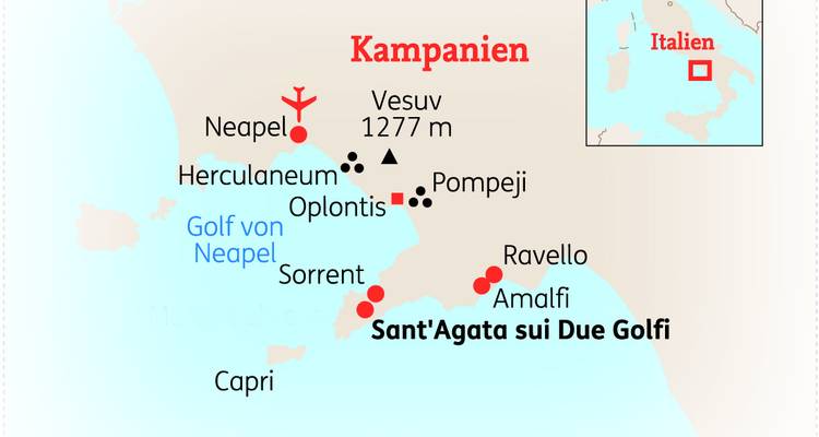 Illustrierte Karte der Region Kampanien mit den Routen zu Neapel, der Amalfiküste und dem Vesuv