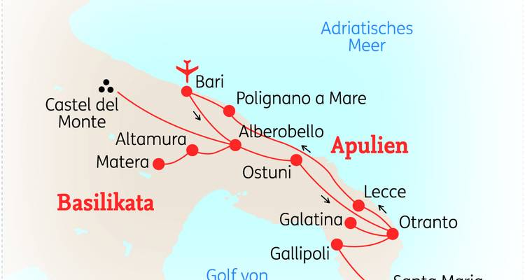 Carte de la région des Pouilles en Italie avec routes et villes marquées.