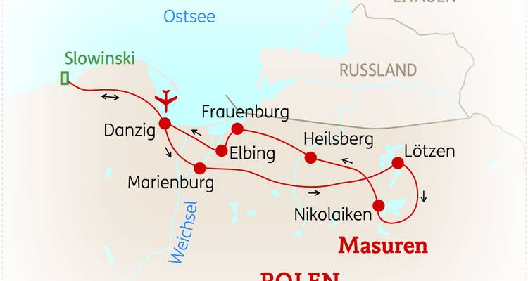 Karte von Nordpolen mit Städten wie Danzig und Olsztyn.
