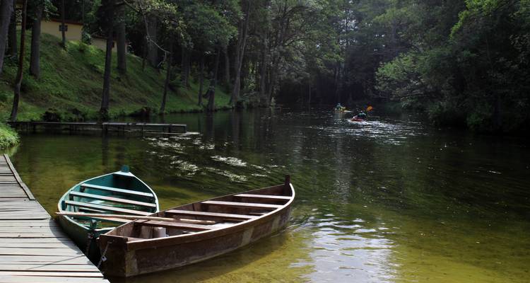 Zwei Holzruderboote ruhen an einem ruhigen Waldsee, während Kajakfahrer in der Ferne paddeln.