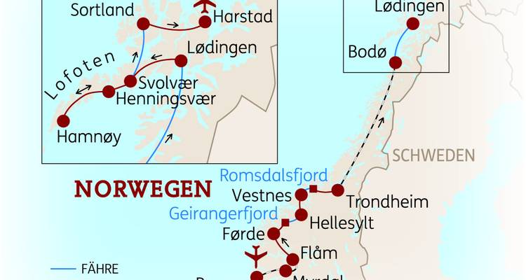 Eine beschriftete Reisekarte von Norwegen, die Routen und Haltestellen entlang der Küste und der Fjorde zeigt.
