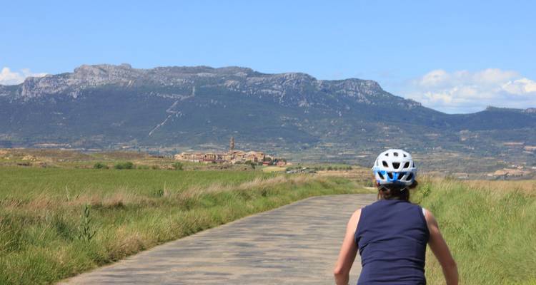 Person cycling on a path through a rural landscape with mountains.