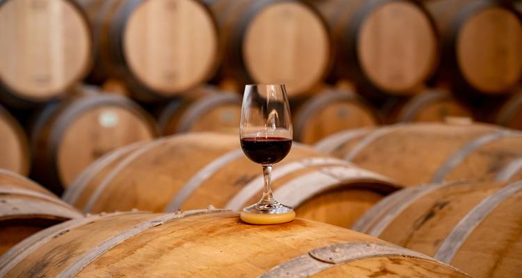 Glass of red wine rests atop oak barrels inside a winery cellar.