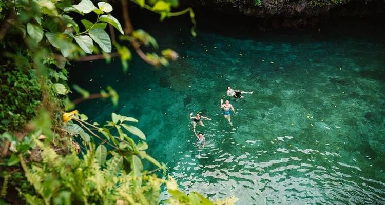 Travellers swim in crystal-clear turquoise water inside a lush jungle sinkhole lagoon.