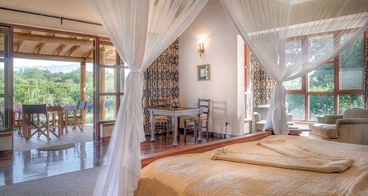 Elegantes Schlafzimmer mit Moskitonetz und großen Fenstern.