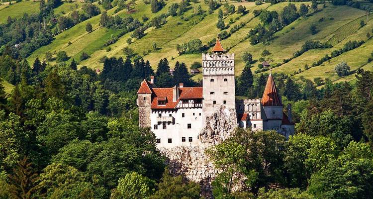 Dramatischer Blick auf eine historische Burg auf einem Hügel.