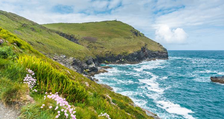 Las flores silvestres bordean un sendero de acantilado accidentado sobre las olas turquesas del Atlántico.