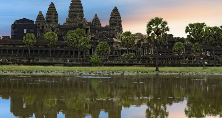 Reflection of Angkor Wat temple during sunset.
