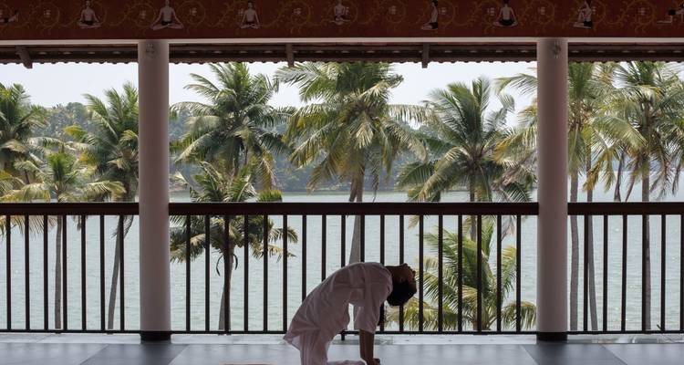 Een persoon die yoga beoefent met palmbomen en water op de achtergrond.