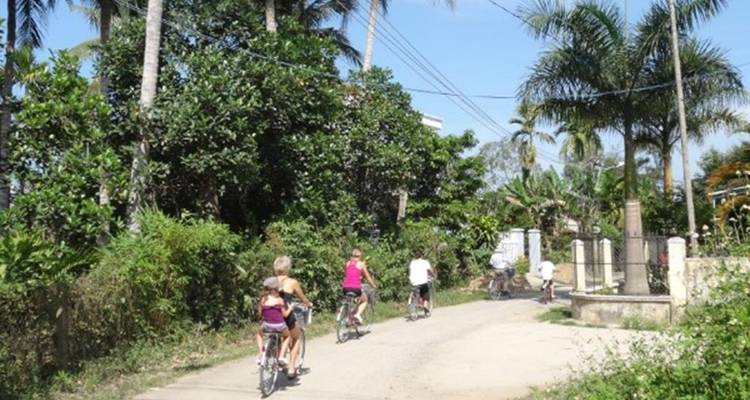 Plusieurs cyclistes circulent le long d'une étroite route rurale ombragée par des cocotiers et une végétation tropicale dense sous un ciel bleu éclatant.