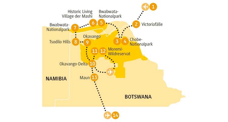 Karte der Reiseroute durch Teile von Botswana und Namibia.