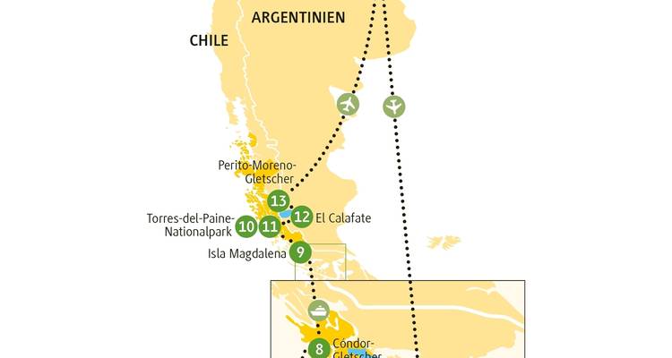 Eine Karte, die eine Reiseroute in Argentinien und Chile hervorhebt.