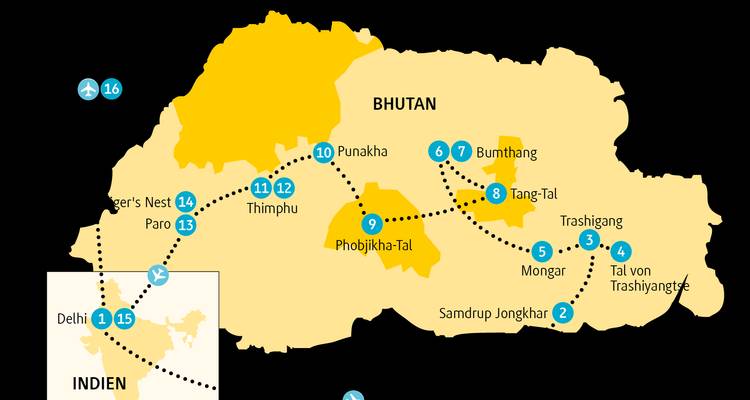 Tourrouten-Karte von Bhutan mit hervorgehobenen Städten und Flug-Symbolen.
