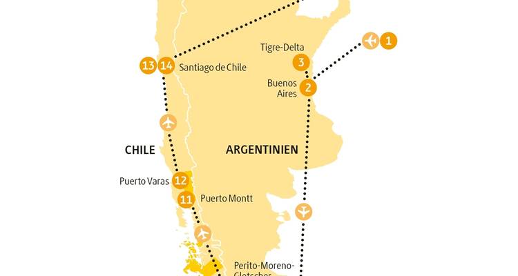 Karte mit hervorgehobenen Reisezielen in Chile und Argentinien.