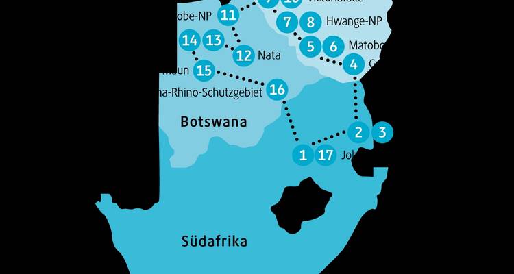 Karte mit Reiserouten im südlichen Afrika.