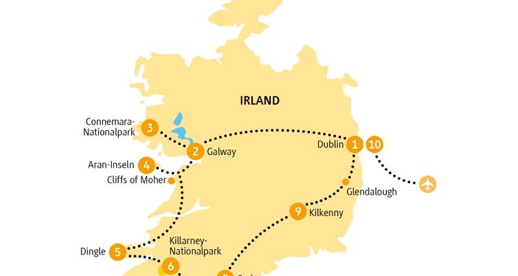 Illustrierte Rundreisekarte von Irland mit Hervorhebung der wichtigsten Haltestellen und Routen