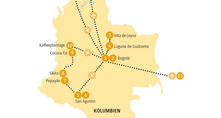 Karte einer kolumbianischen Reiseroute.