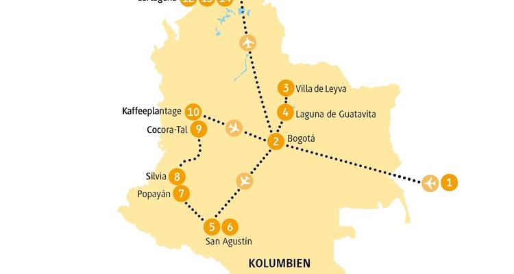 Karte, die eine Route durch Kolumbien mit hervorgehobenen Orten zeigt.