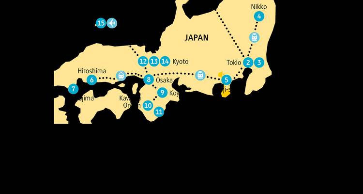 Vereinfachte Reiserouten-Karte von Japan mit Hervorhebung der wichtigsten Städte und Reisestrecken.