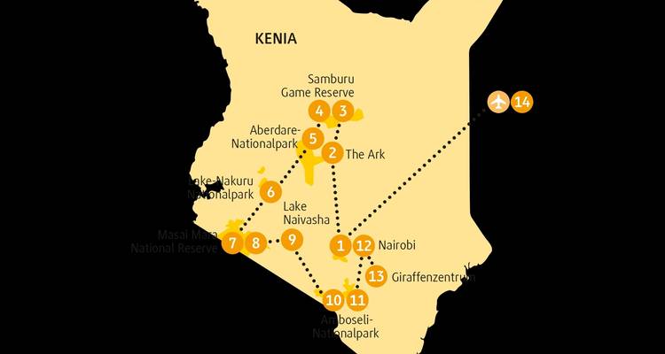 Carte du Kenya avec les parcs nationaux mis en évidence.