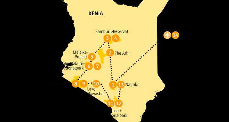Carte du Kenya avec divers emplacements marqués.